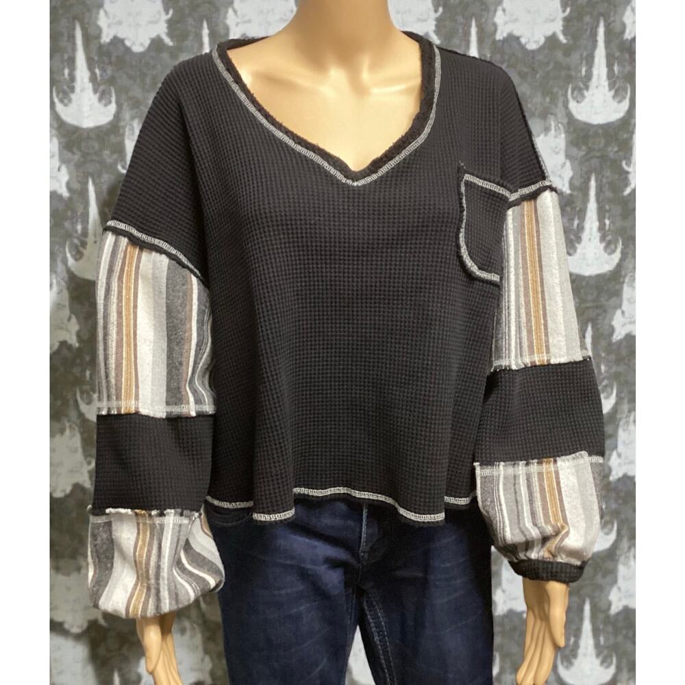 POL‎ slouchy Oversized Thermal Knit Top contrast stripes and stitching size M